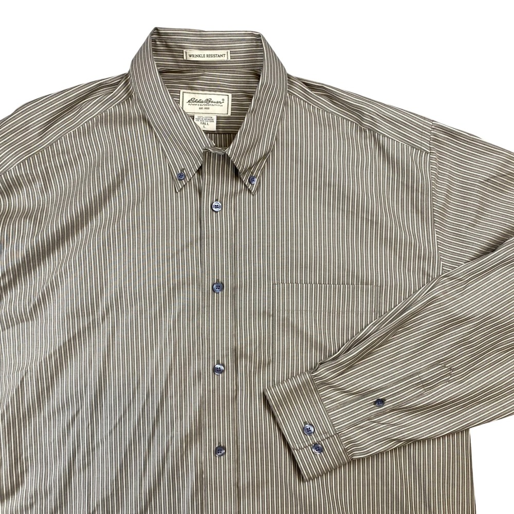 Vintage Eddie Bauer Shirt Mens Large Tall Brown Stripe 100 Cotton Button Down
